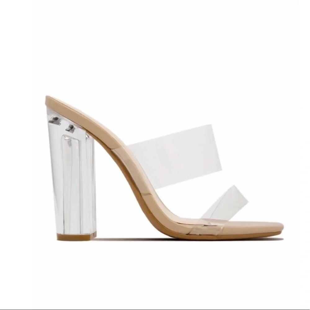 Clear Dual Strap Nude Heel With Clear Block Heel - Picture 6 of 8